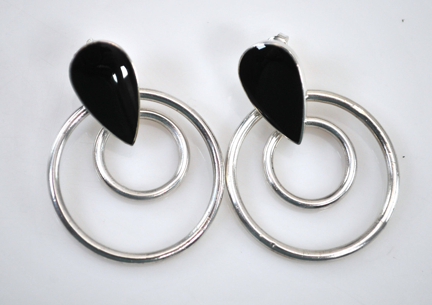 As is - Signed Sterling Silver Black Onyx Circle Earrings