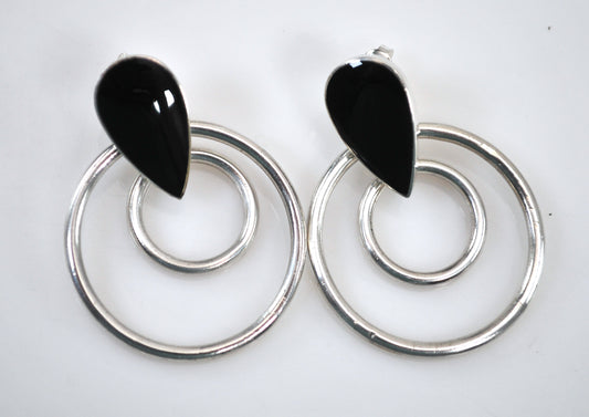 As is - Signed Sterling Silver Black Onyx Circle Earrings