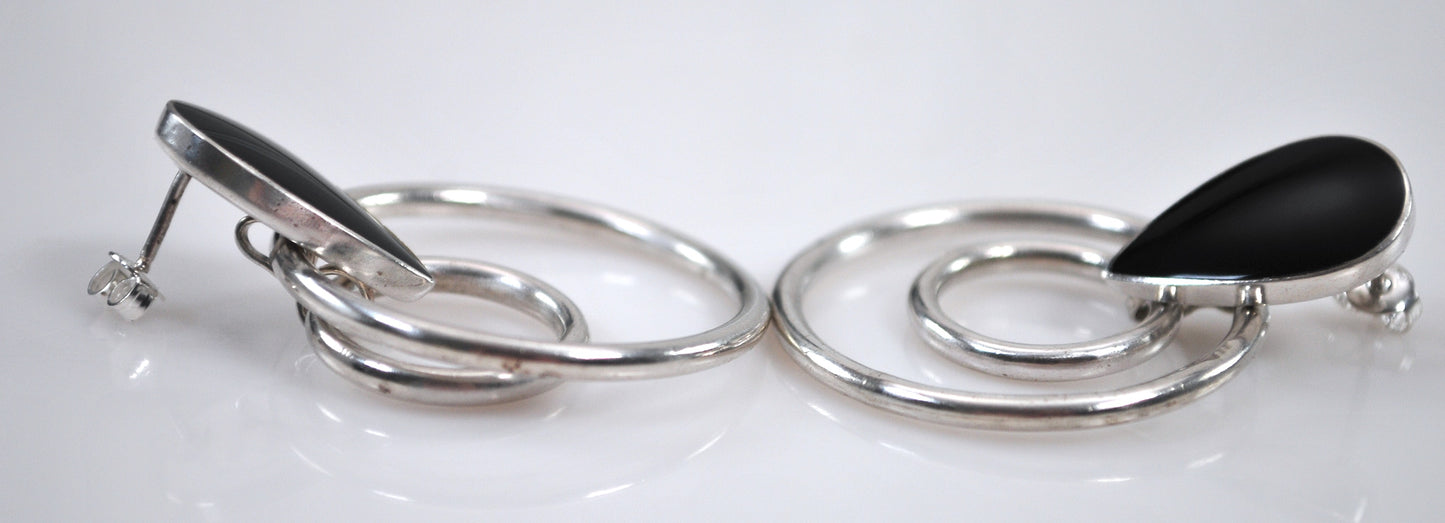 As is - Signed Sterling Silver Black Onyx Circle Earrings