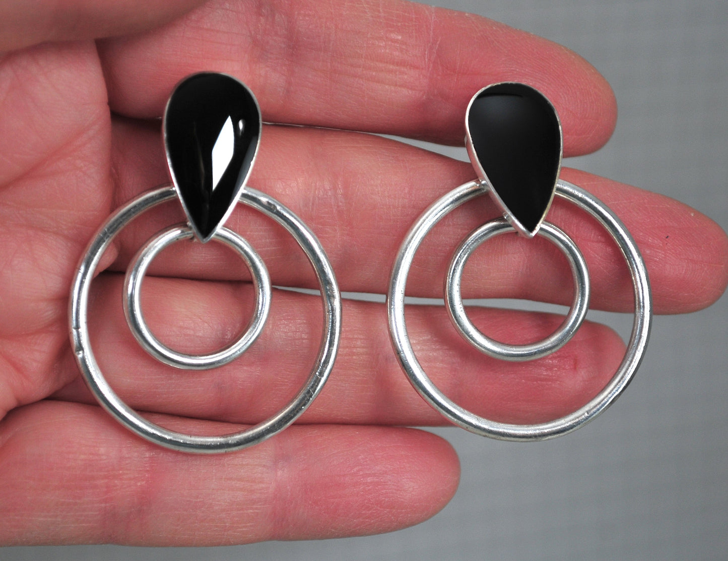 As is - Signed Sterling Silver Black Onyx Circle Earrings
