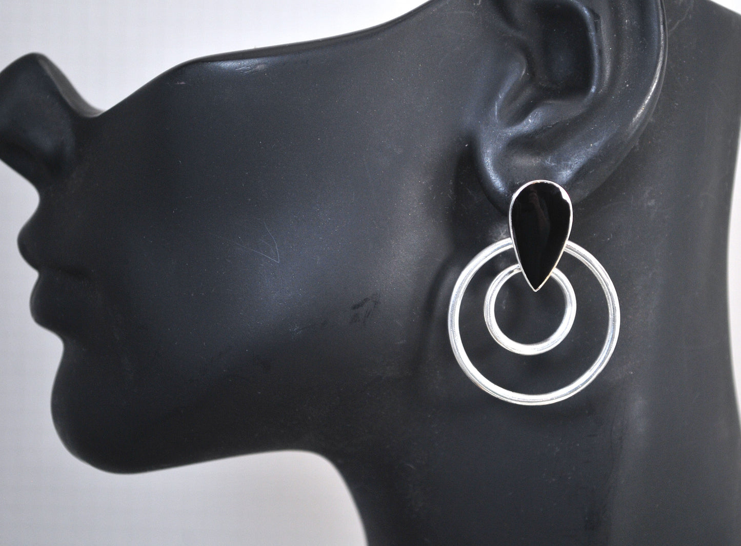 As is - Signed Sterling Silver Black Onyx Circle Earrings