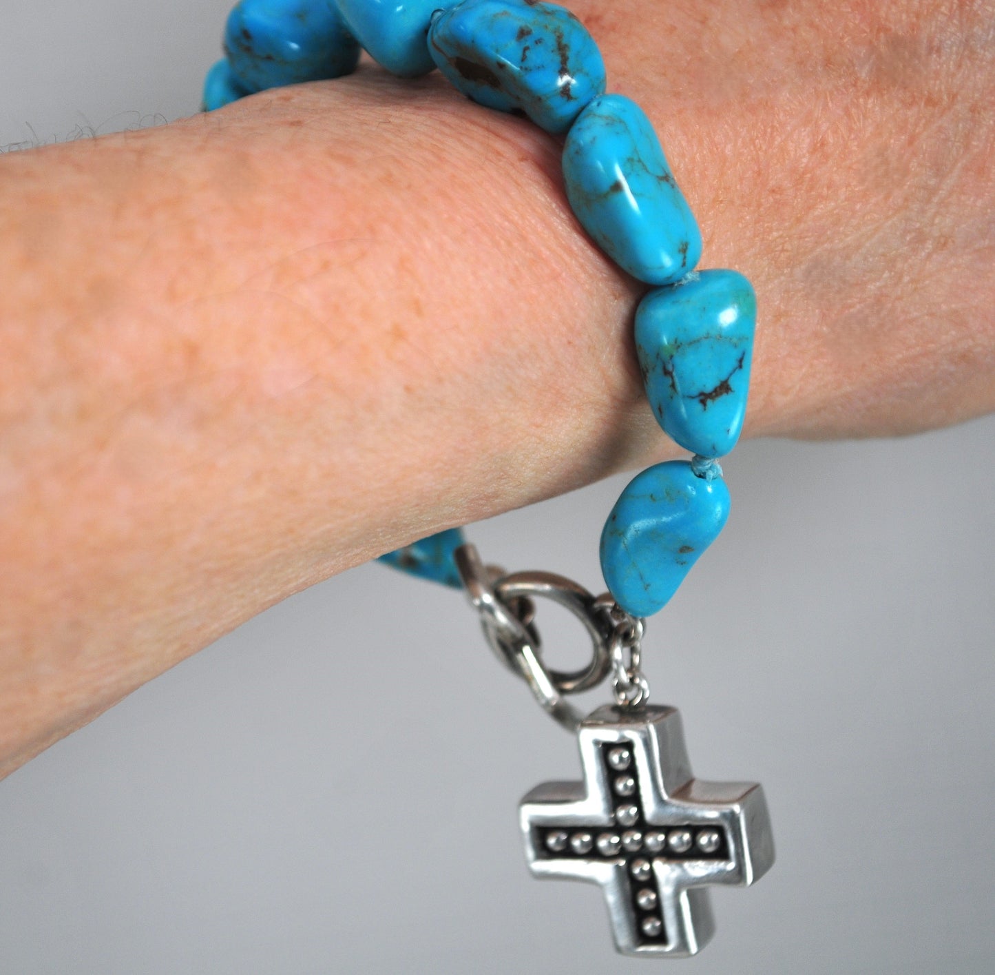 Sterling Silver Turquoise Nugget Cross Bracelet