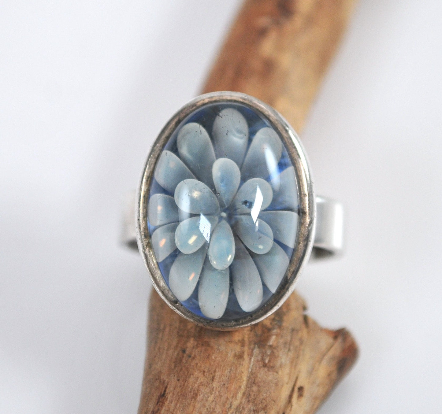 Signed Sterling Silver Glass Flower Ring