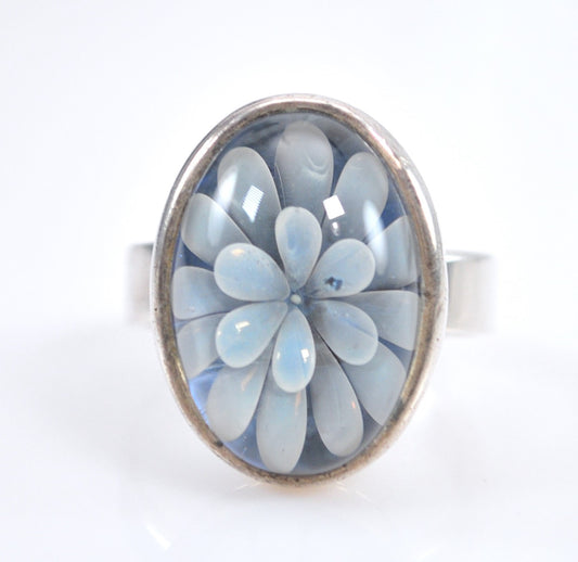 Signed Sterling Silver Glass Flower Ring