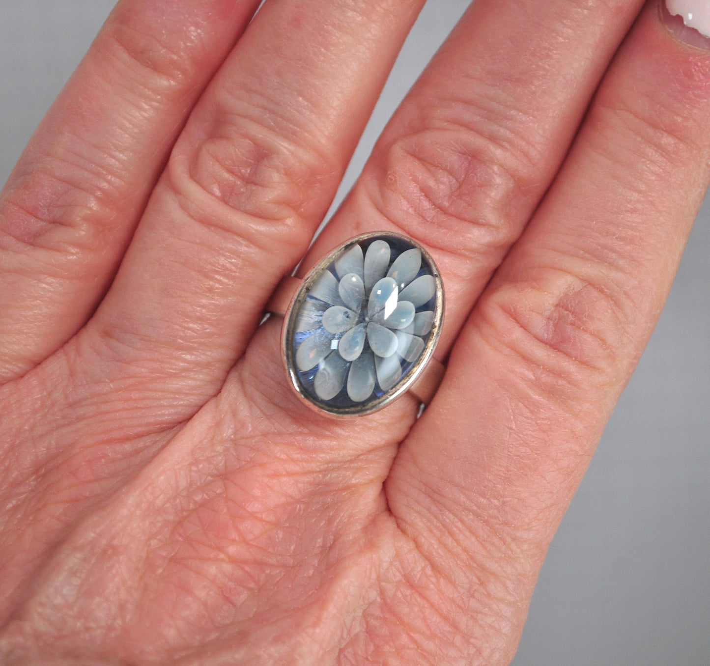 Signed Sterling Silver Glass Flower Ring