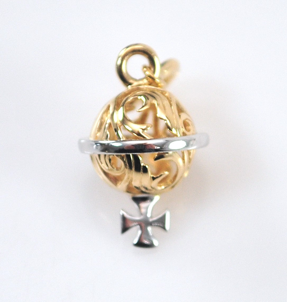 TINY Signed 14K Gold Filagree Ball with Cross Charm Pendant