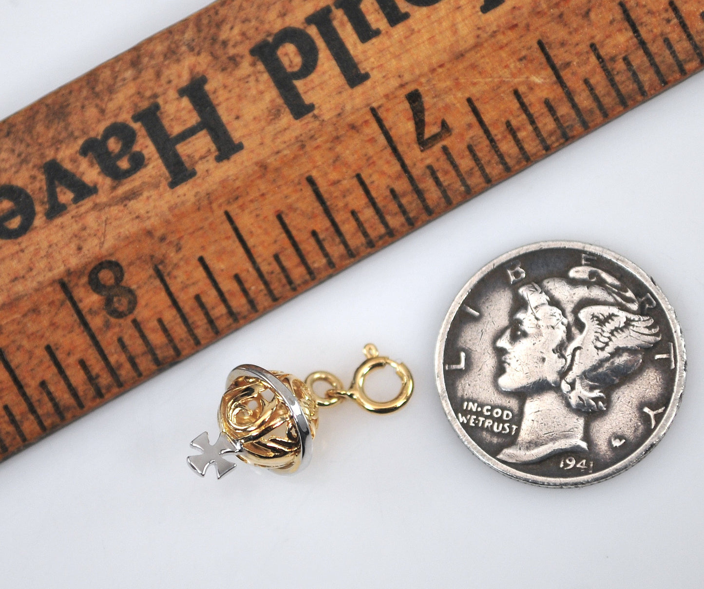 TINY Signed 14K Gold Filagree Ball with Cross Charm Pendant