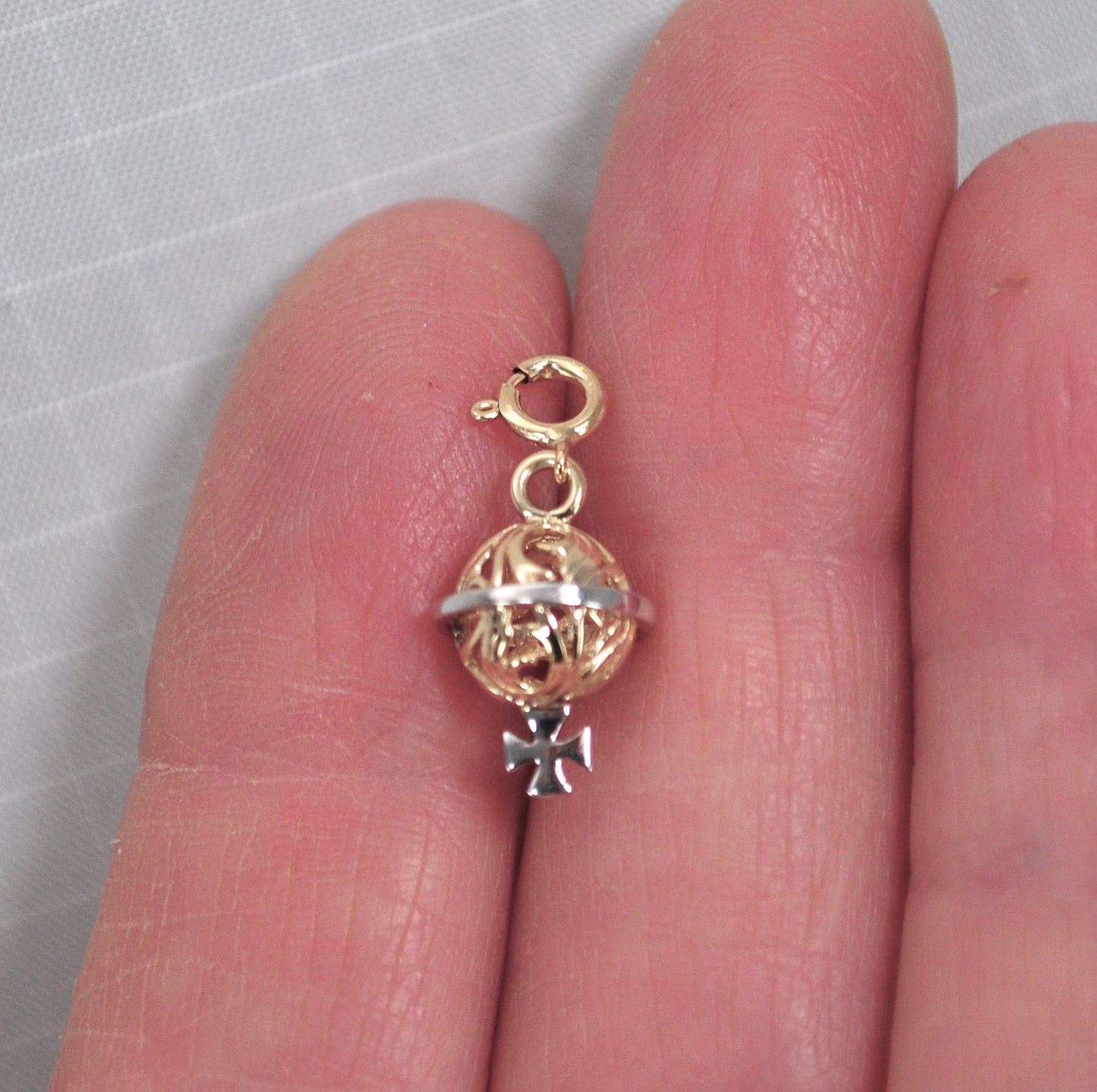 TINY Signed 14K Gold Filagree Ball with Cross Charm Pendant