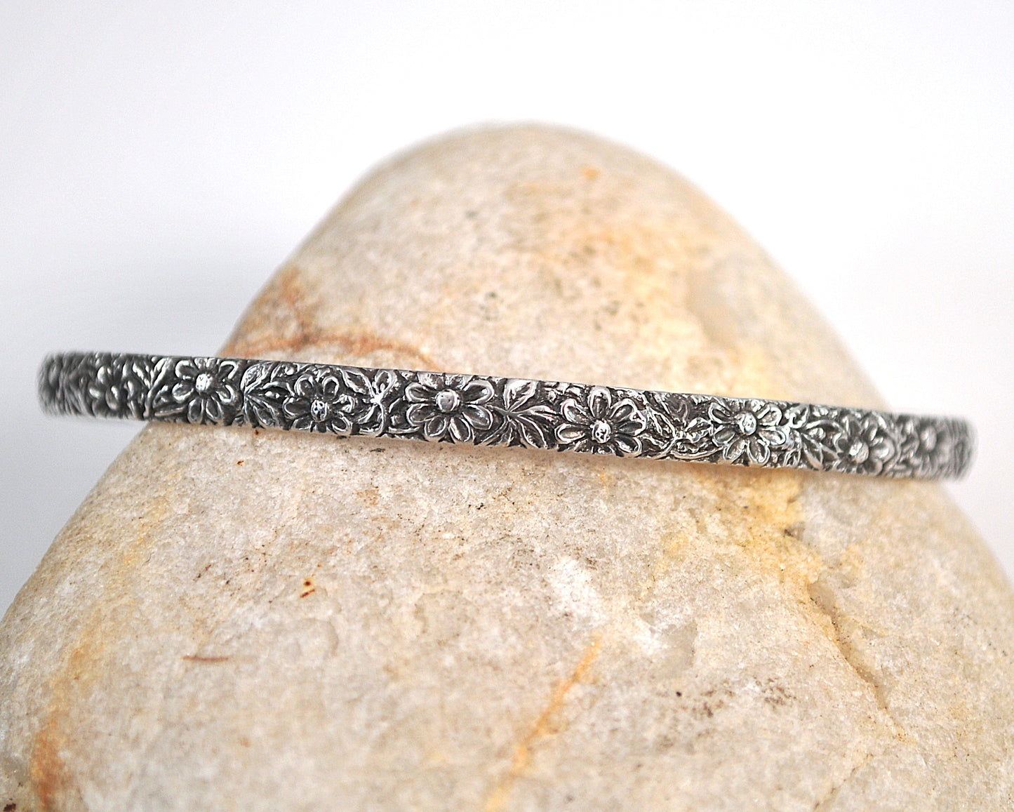 Narrow Vintage Sterling Silver Floral Bangle Bracelet