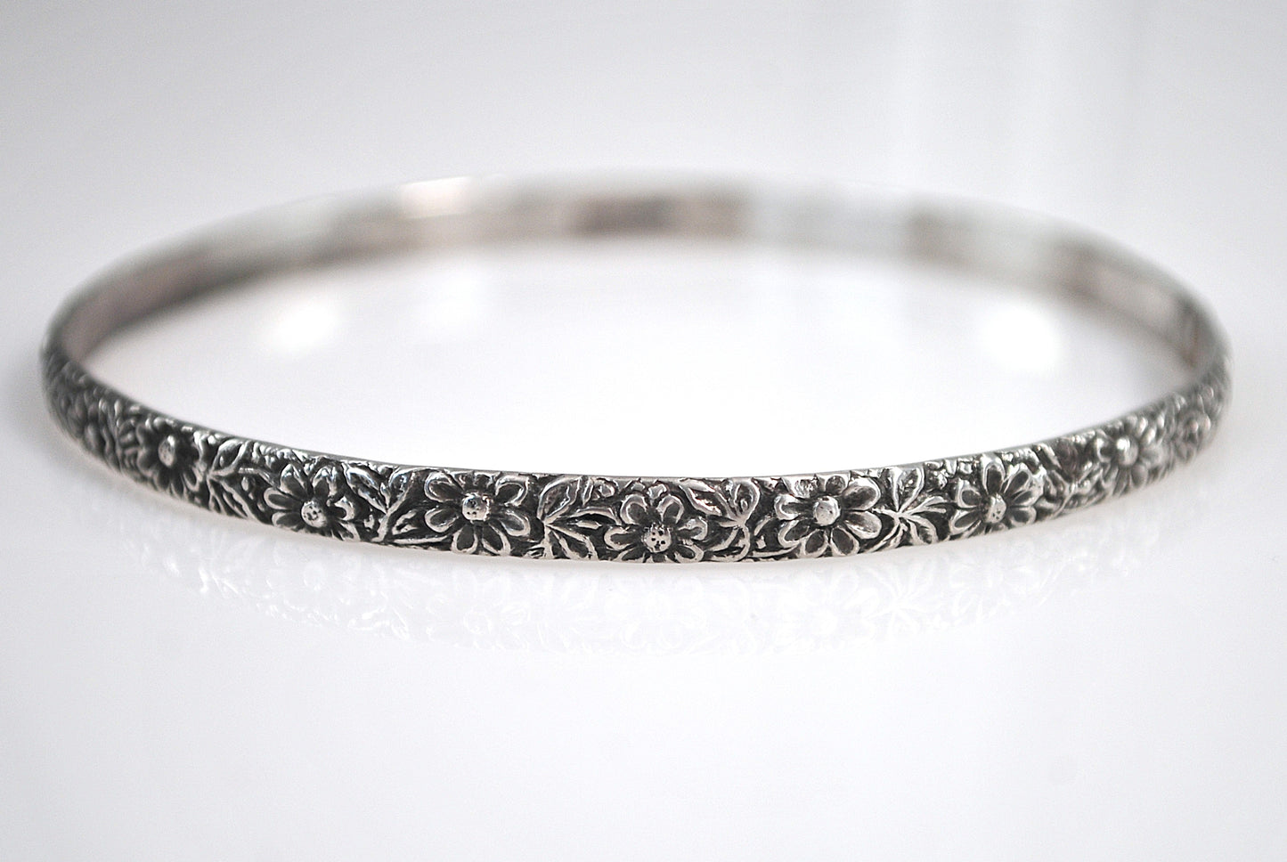 Narrow Vintage Sterling Silver Floral Bangle Bracelet