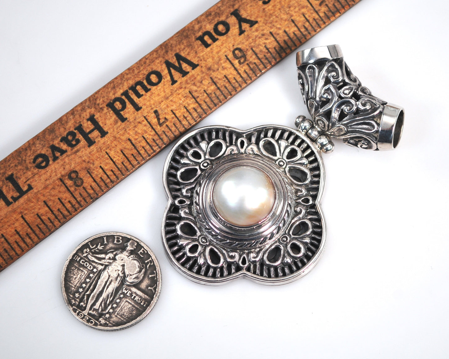 Huge Sterling Silver Pearl Slider Pendant