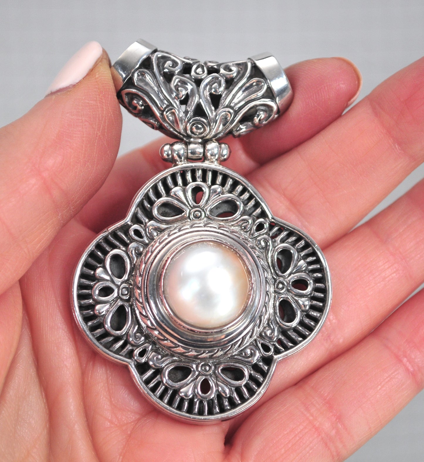 Huge Sterling Silver Pearl Slider Pendant