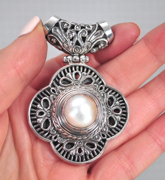 Huge Sterling Silver Pearl Slider Pendant