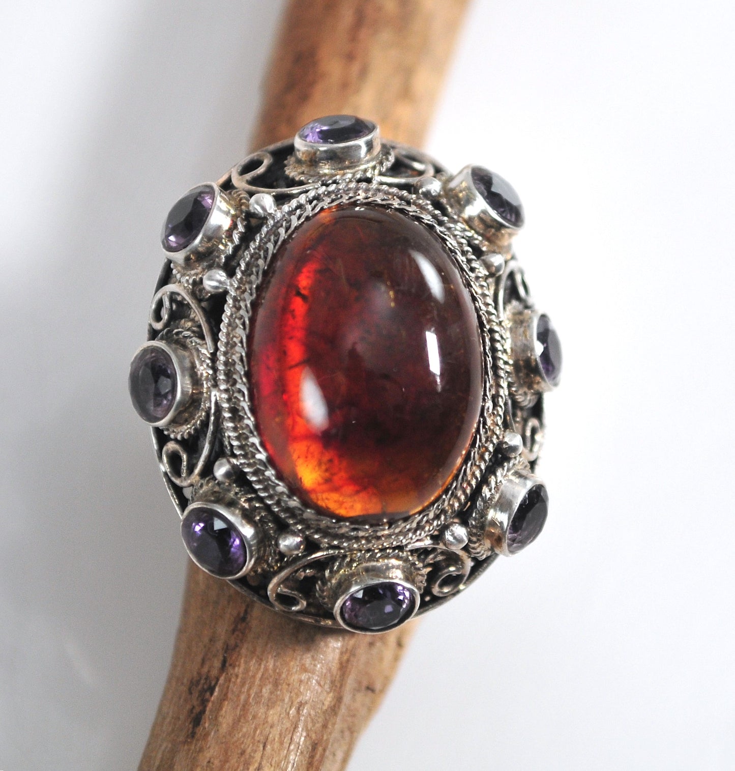 Large Signed Sterling Silver Amber Amethyst Ring