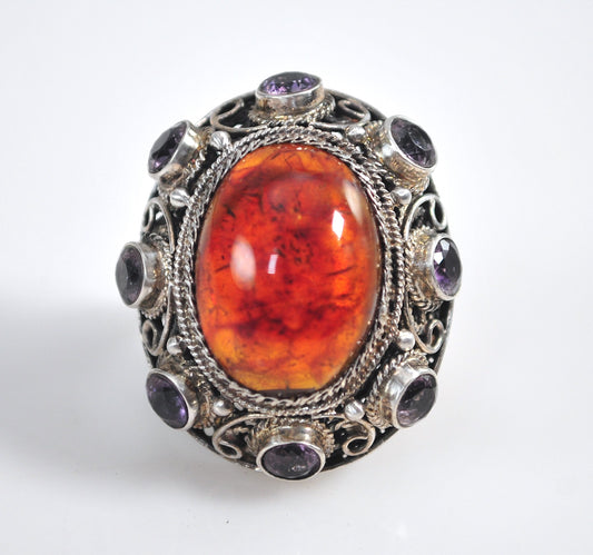 Large Signed Sterling Silver Amber Amethyst Ring