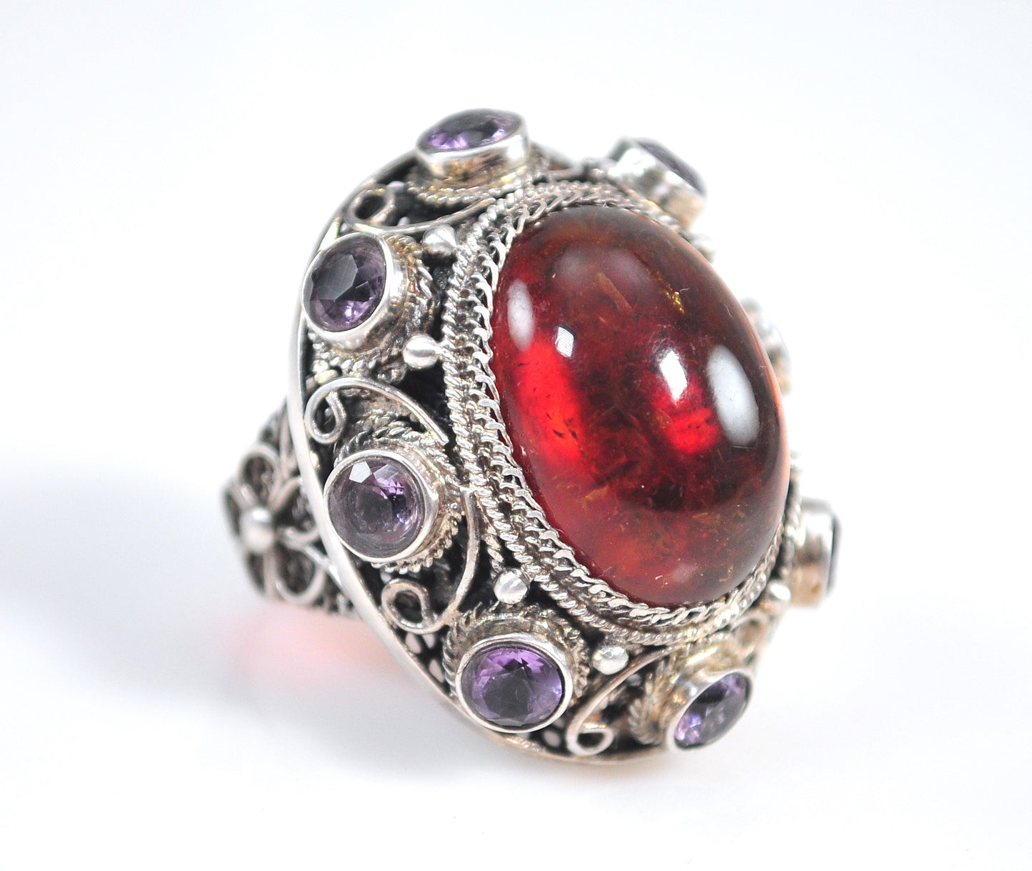 Large Signed Sterling Silver Amber Amethyst Ring