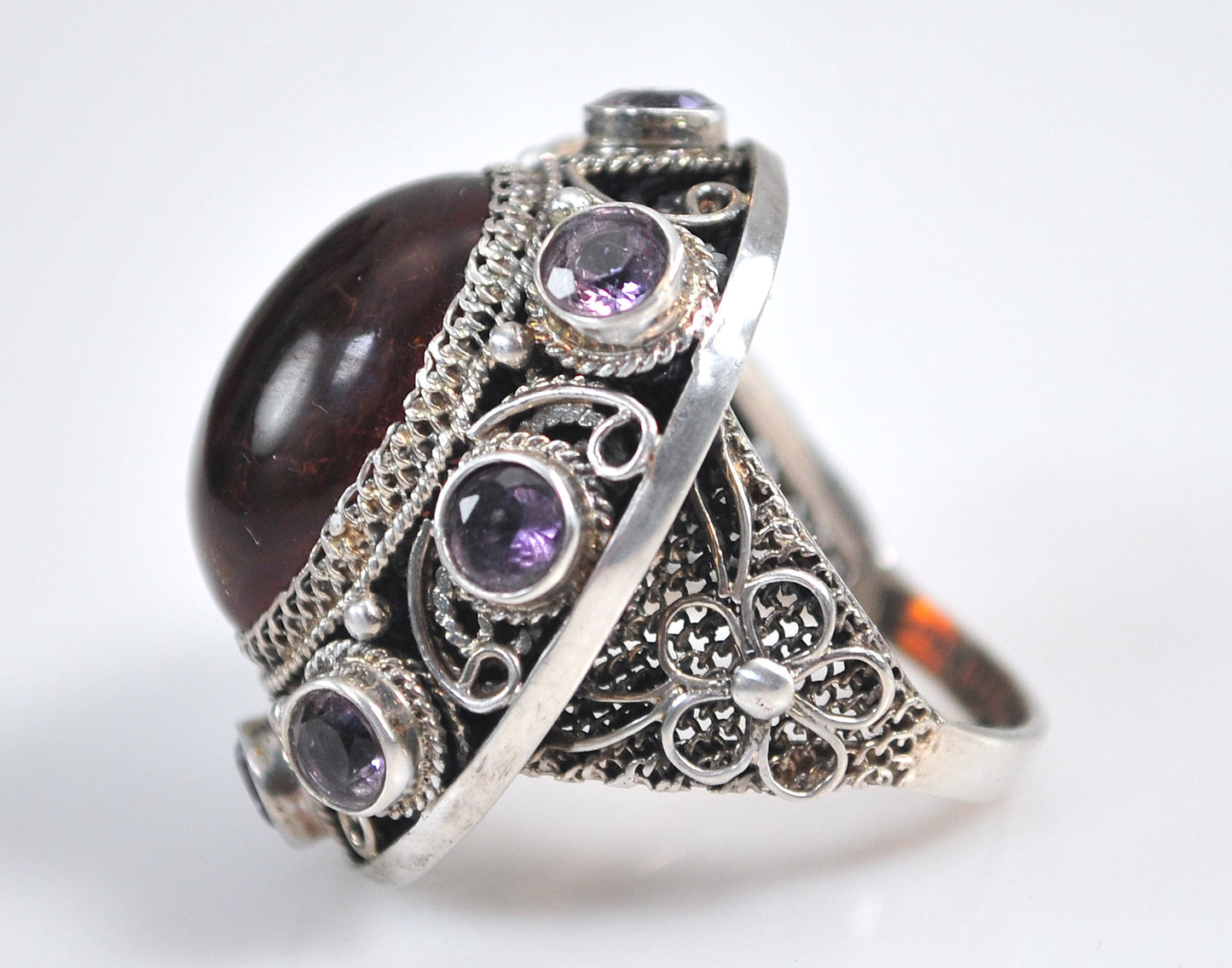 Large Signed Sterling Silver Amber Amethyst Ring
