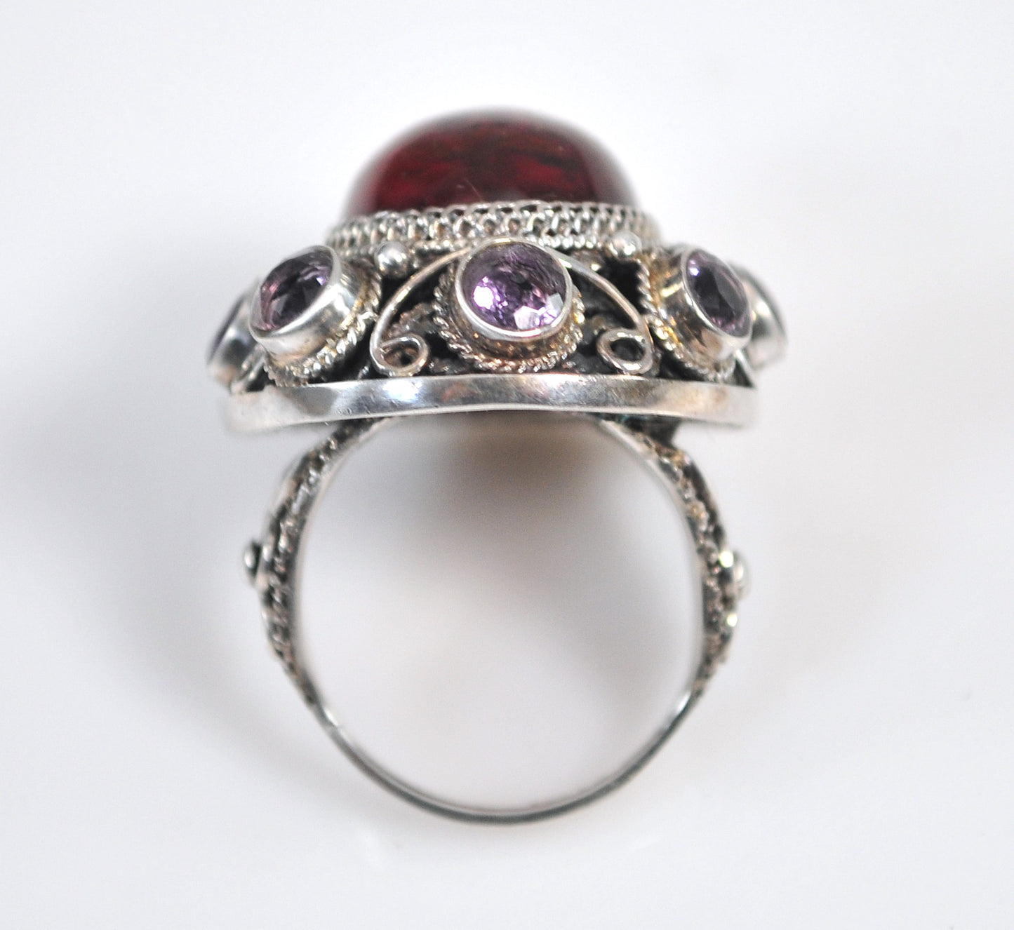Large Signed Sterling Silver Amber Amethyst Ring