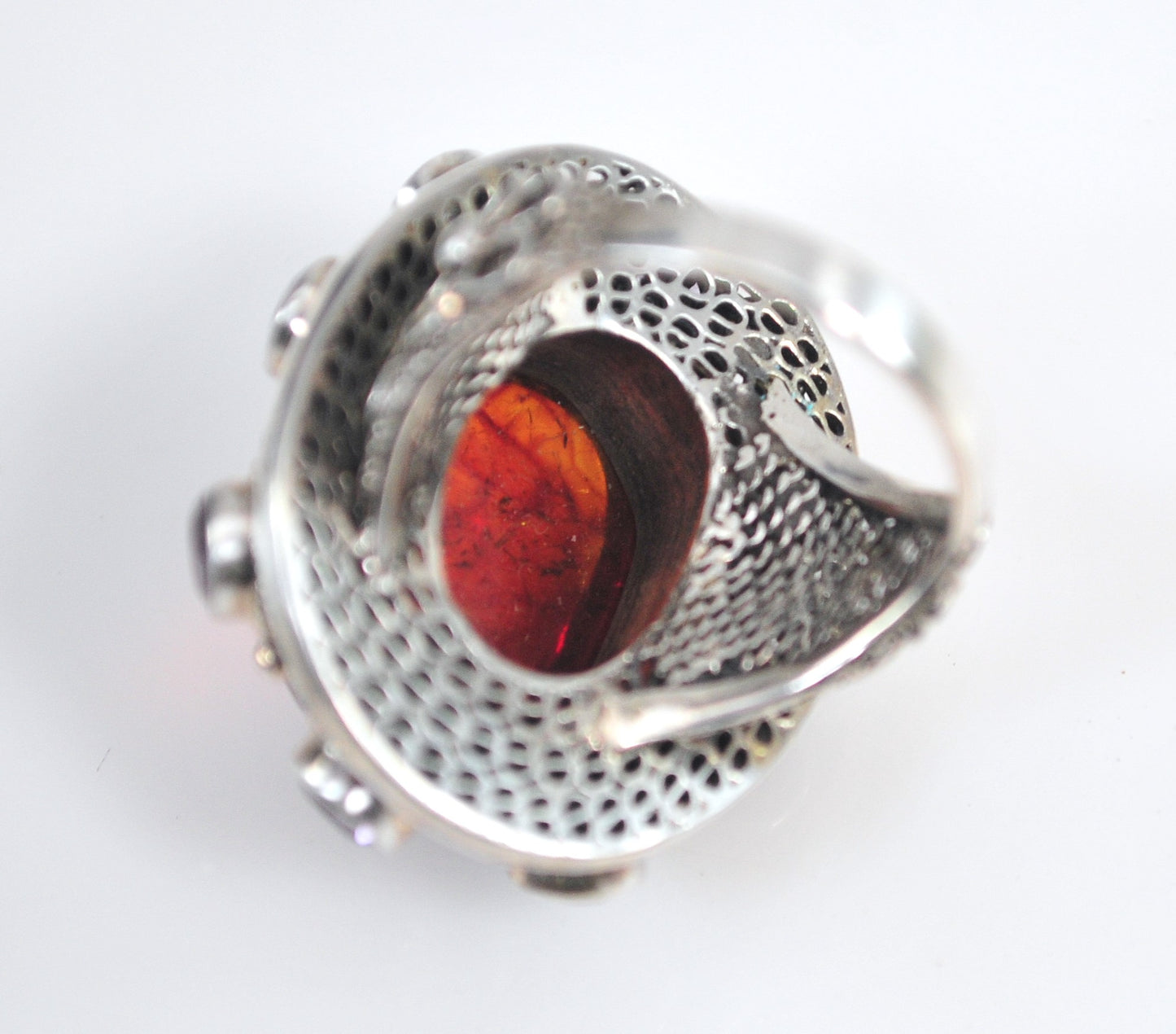 Large Signed Sterling Silver Amber Amethyst Ring