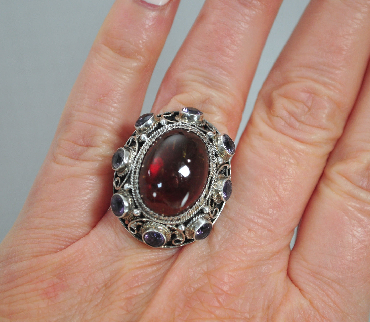 Large Signed Sterling Silver Amber Amethyst Ring