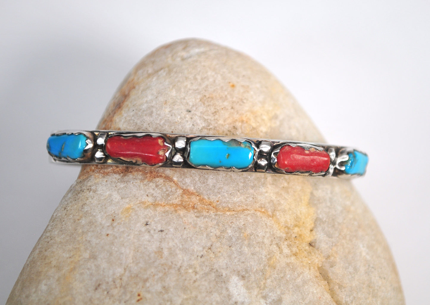 Zuni Signed Sterling Silver Turquoise Coral Cuff Bracelet