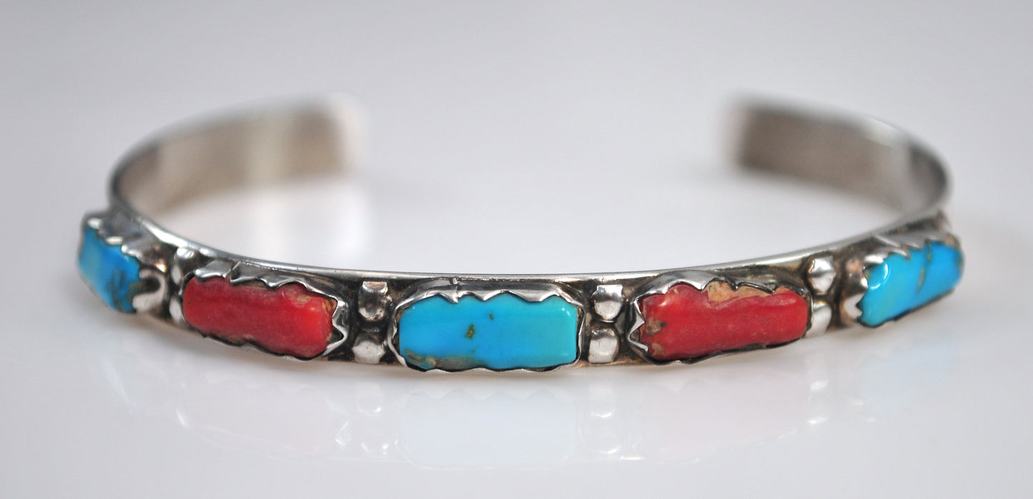 Zuni Signed Sterling Silver Turquoise Coral Cuff Bracelet