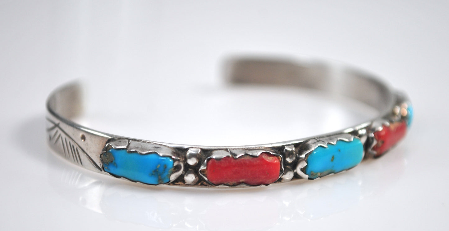 Zuni Signed Sterling Silver Turquoise Coral Cuff Bracelet