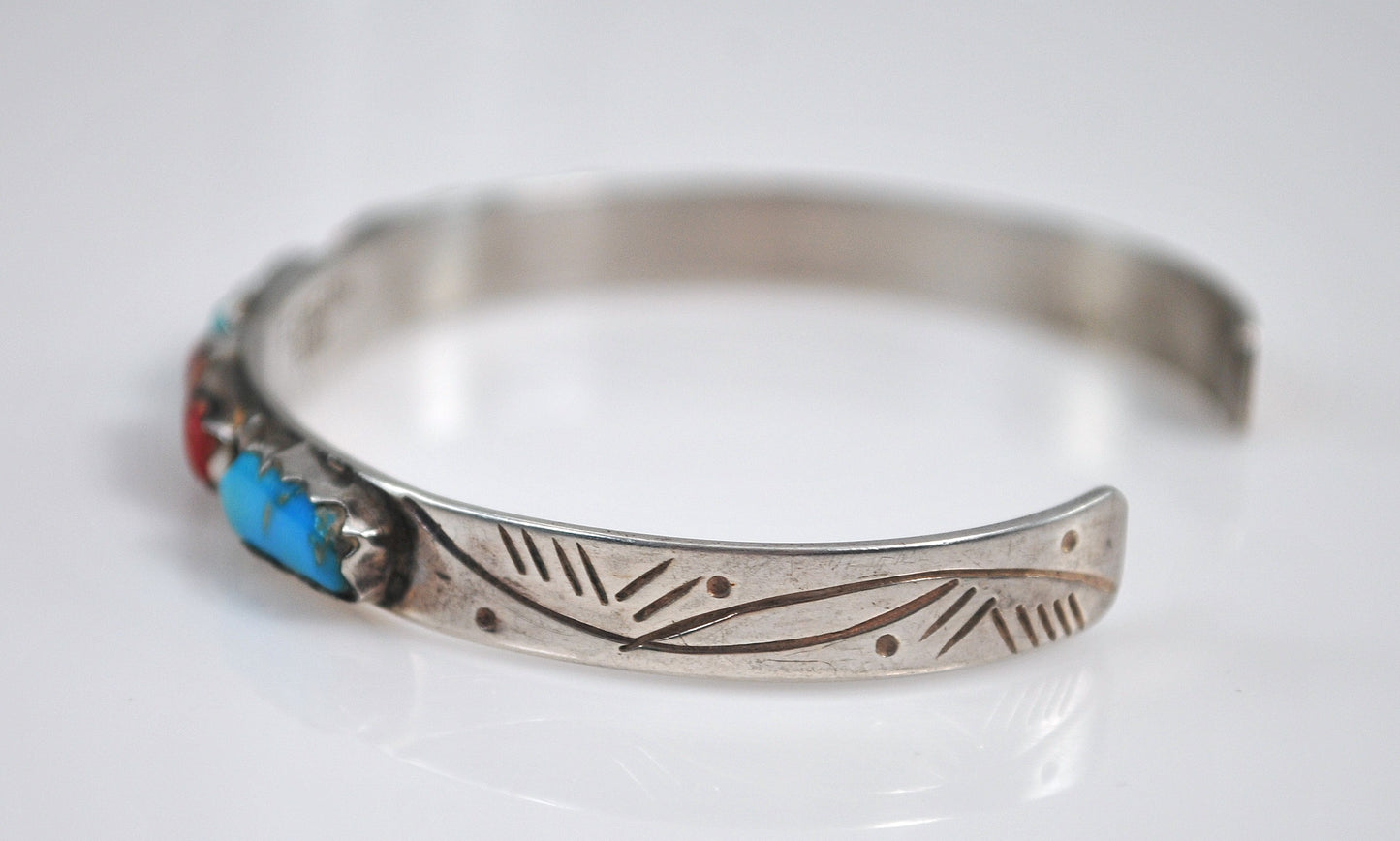 Zuni Signed Sterling Silver Turquoise Coral Cuff Bracelet