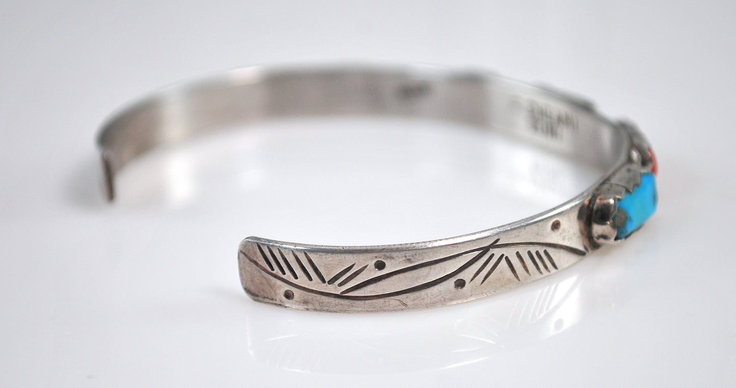 Zuni Signed Sterling Silver Turquoise Coral Cuff Bracelet