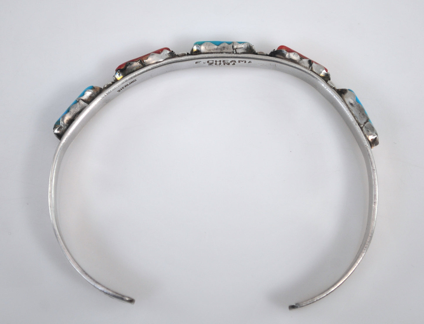 Zuni Signed Sterling Silver Turquoise Coral Cuff Bracelet