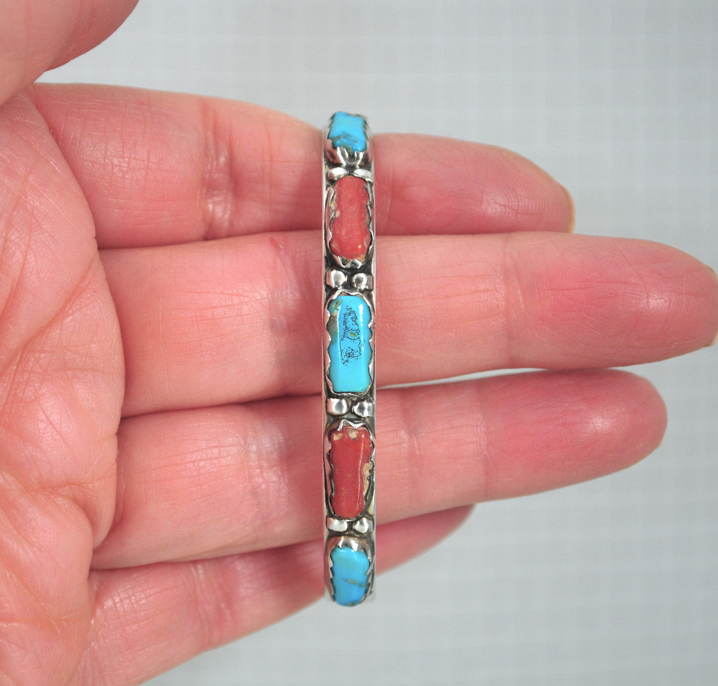Zuni Signed Sterling Silver Turquoise Coral Cuff Bracelet