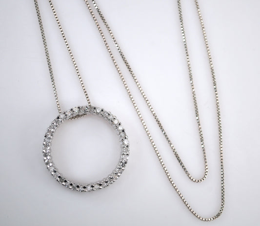 Designer Sterling Silver Genuine Diamond Circle Pendant Necklace