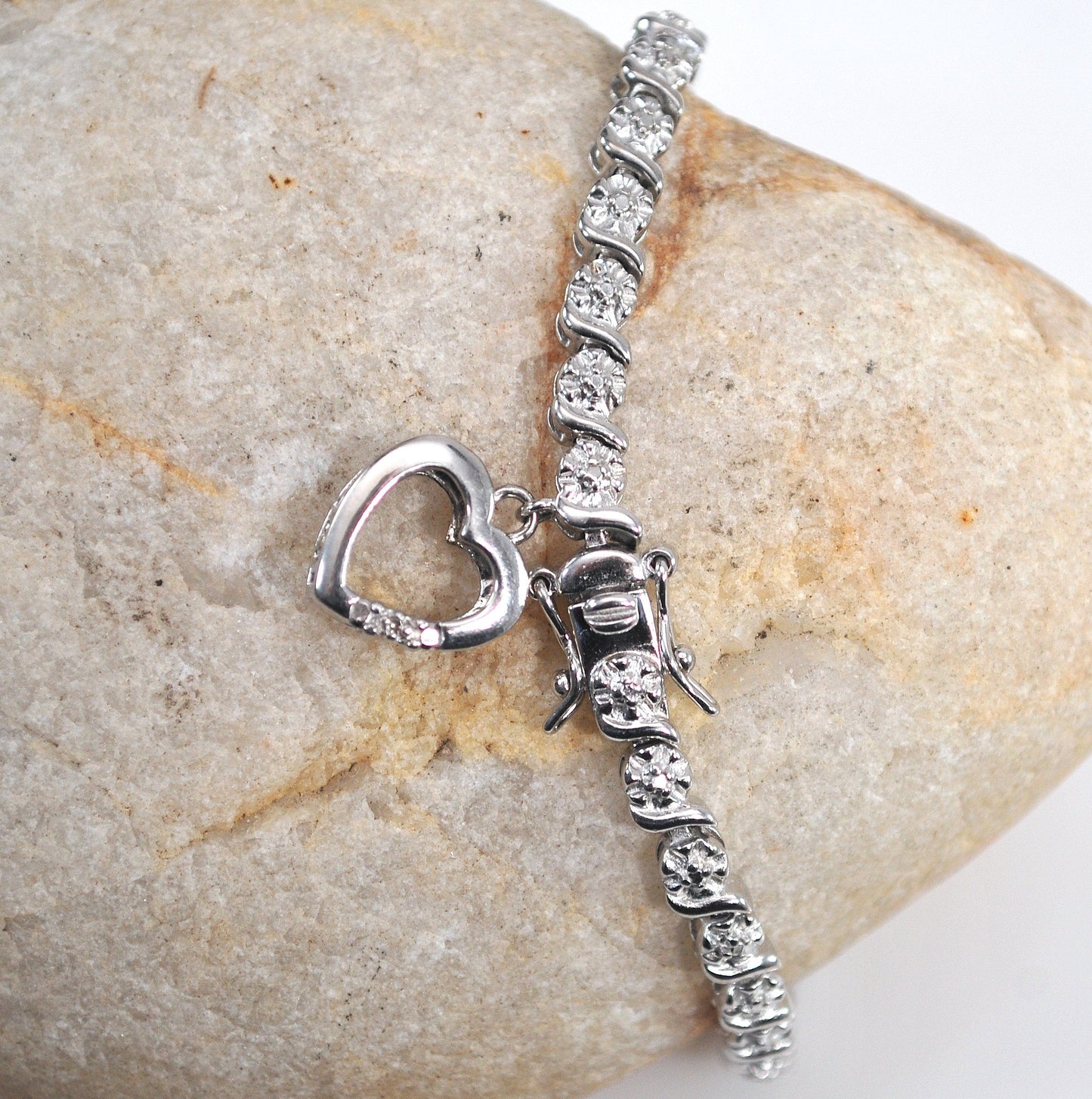Signed Sterling Silver Diamond Heart Charm Bracelet