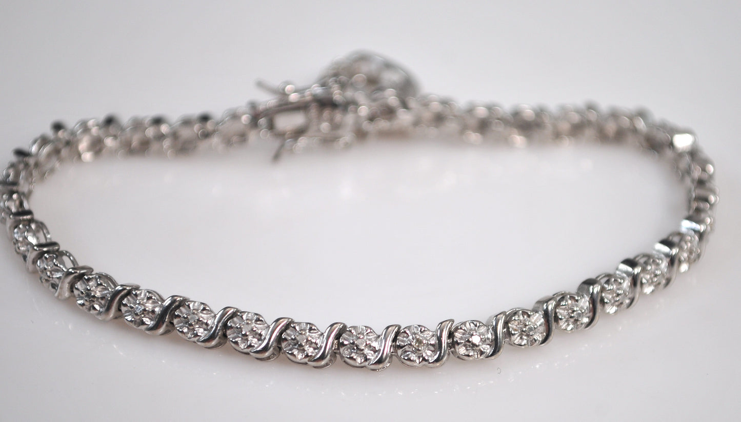 Signed Sterling Silver Diamond Heart Charm Bracelet