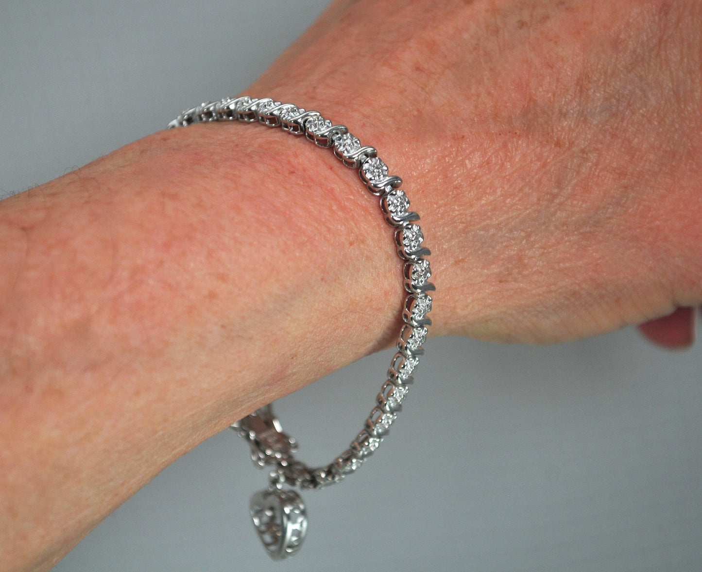 Signed Sterling Silver Diamond Heart Charm Bracelet