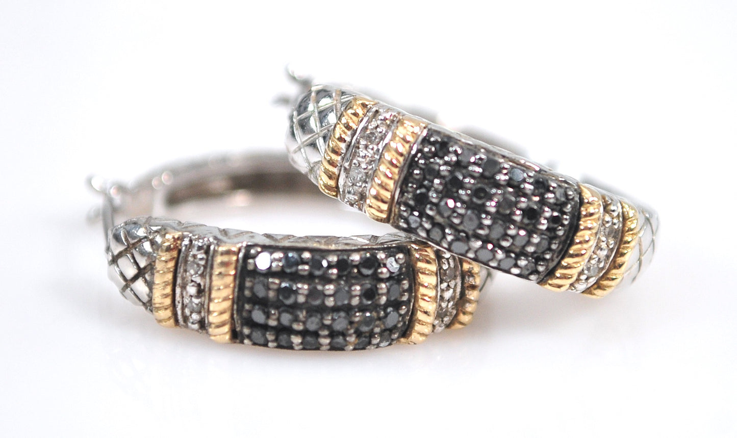 Signed Sterling Silver 14K Gold Black Diamond Hoop Earrings