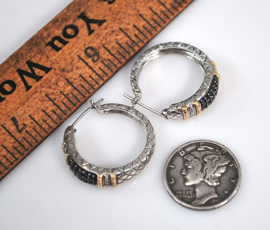 Signed Sterling Silver 14K Gold Black Diamond Hoop Earrings