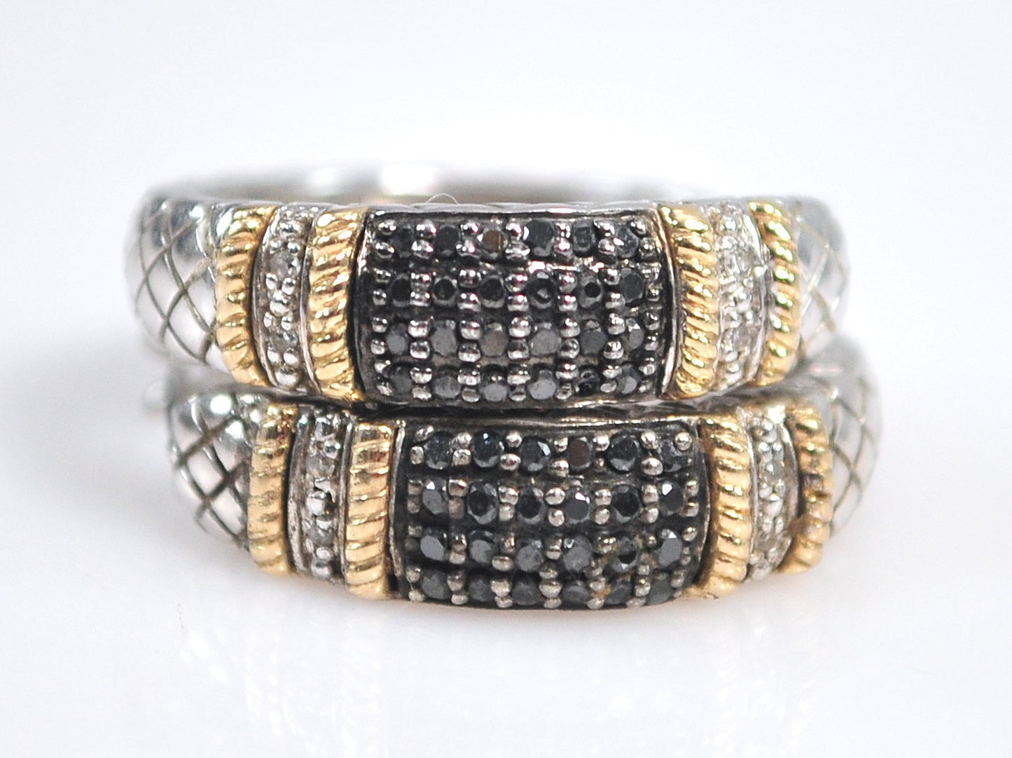 Signed Sterling Silver 14K Gold Black Diamond Hoop Earrings