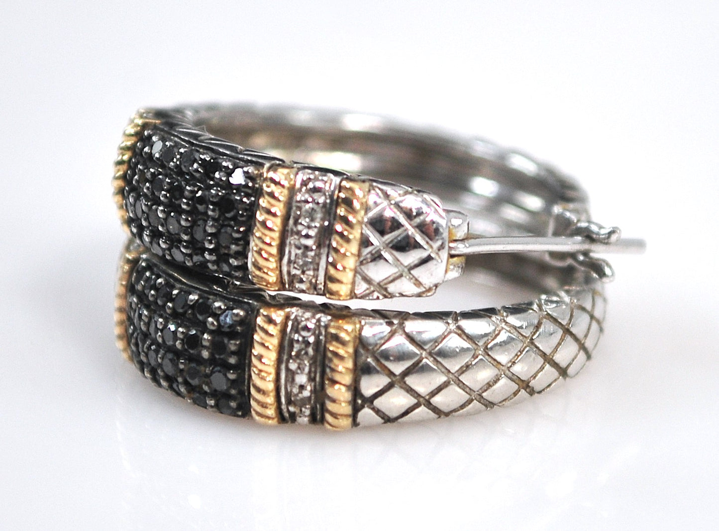 Signed Sterling Silver 14K Gold Black Diamond Hoop Earrings