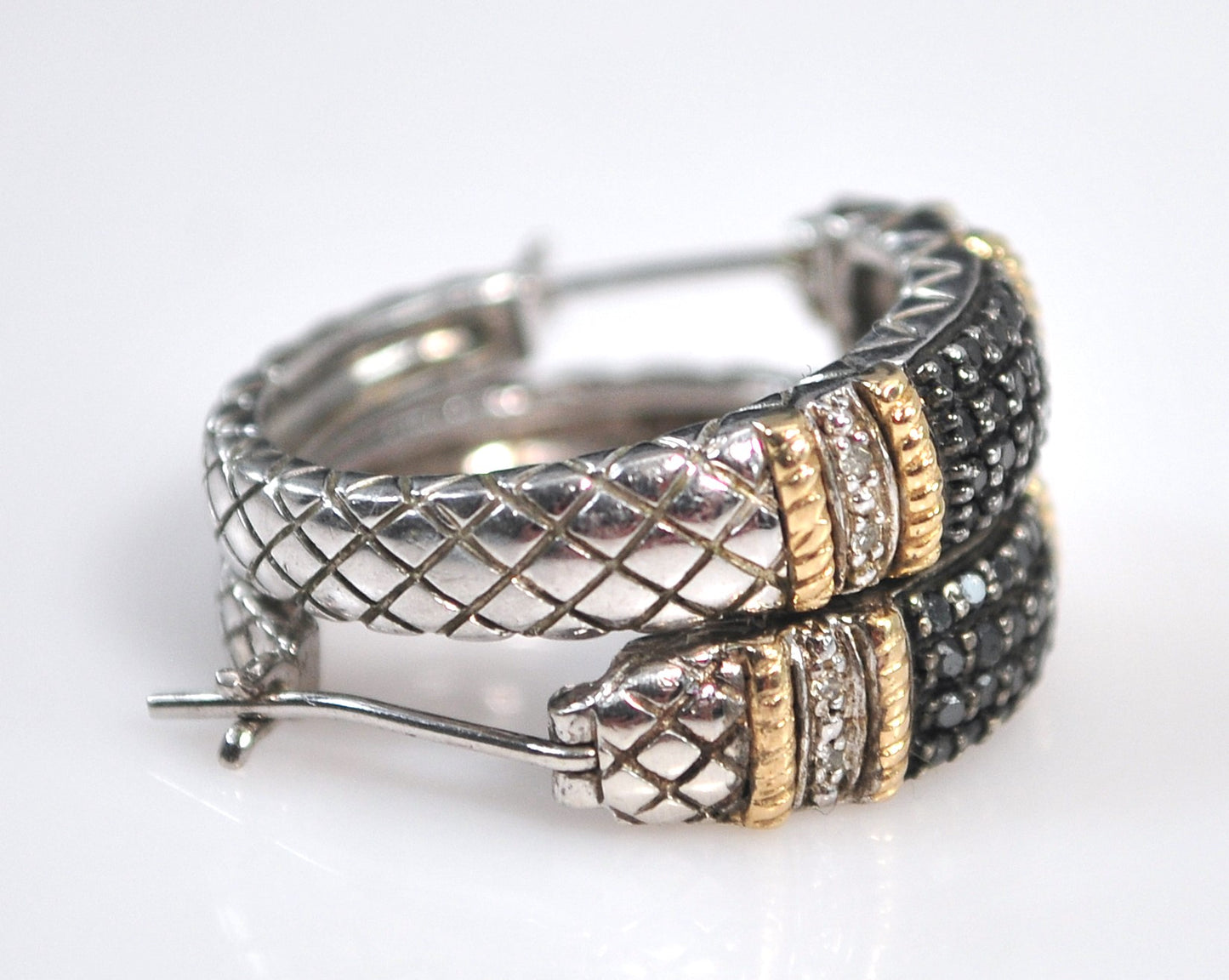 Signed Sterling Silver 14K Gold Black Diamond Hoop Earrings