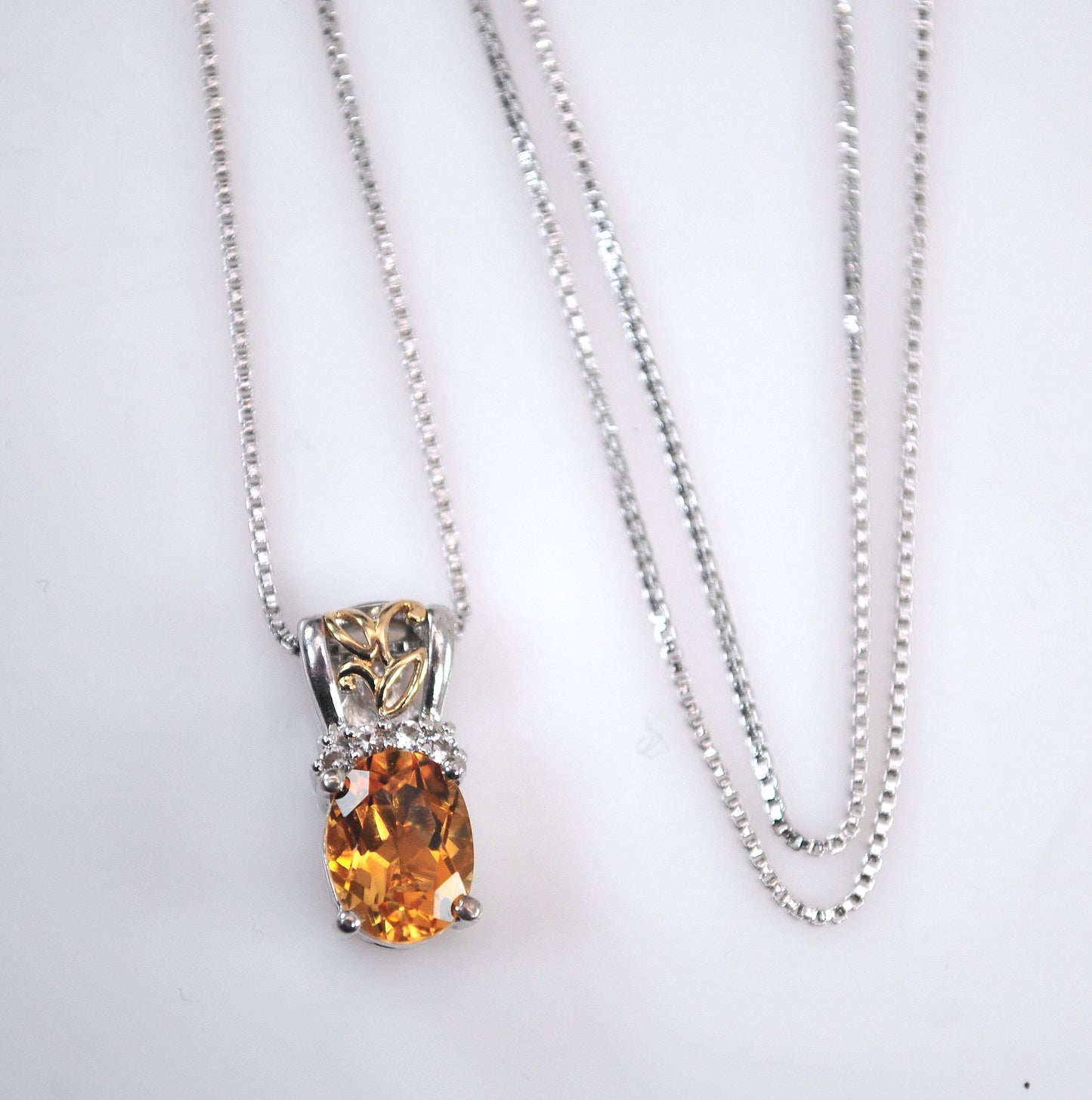 Signed Sterling Silver 14K Gold Citrine Diamond Pendant Necklace