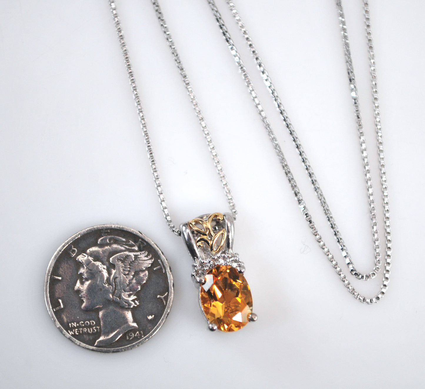 Signed Sterling Silver 14K Gold Citrine Diamond Pendant Necklace