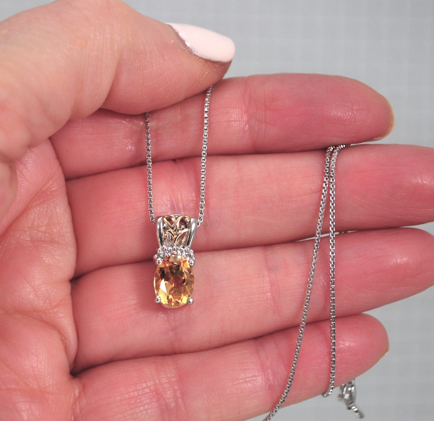 Signed Sterling Silver 14K Gold Citrine Diamond Pendant Necklace
