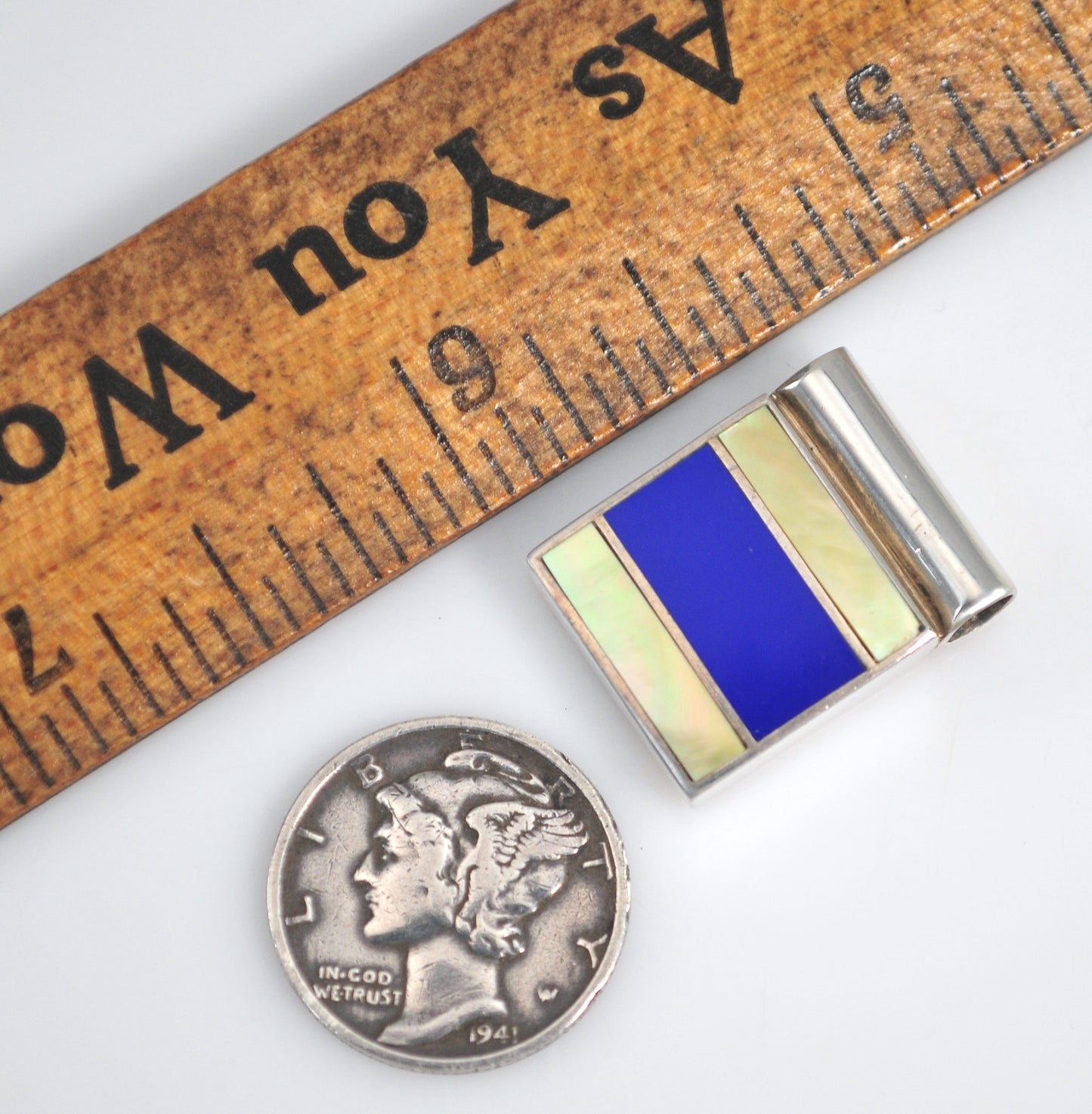 950 Silver Square Mother of Pearl Lapis Inlay Slider Pendant