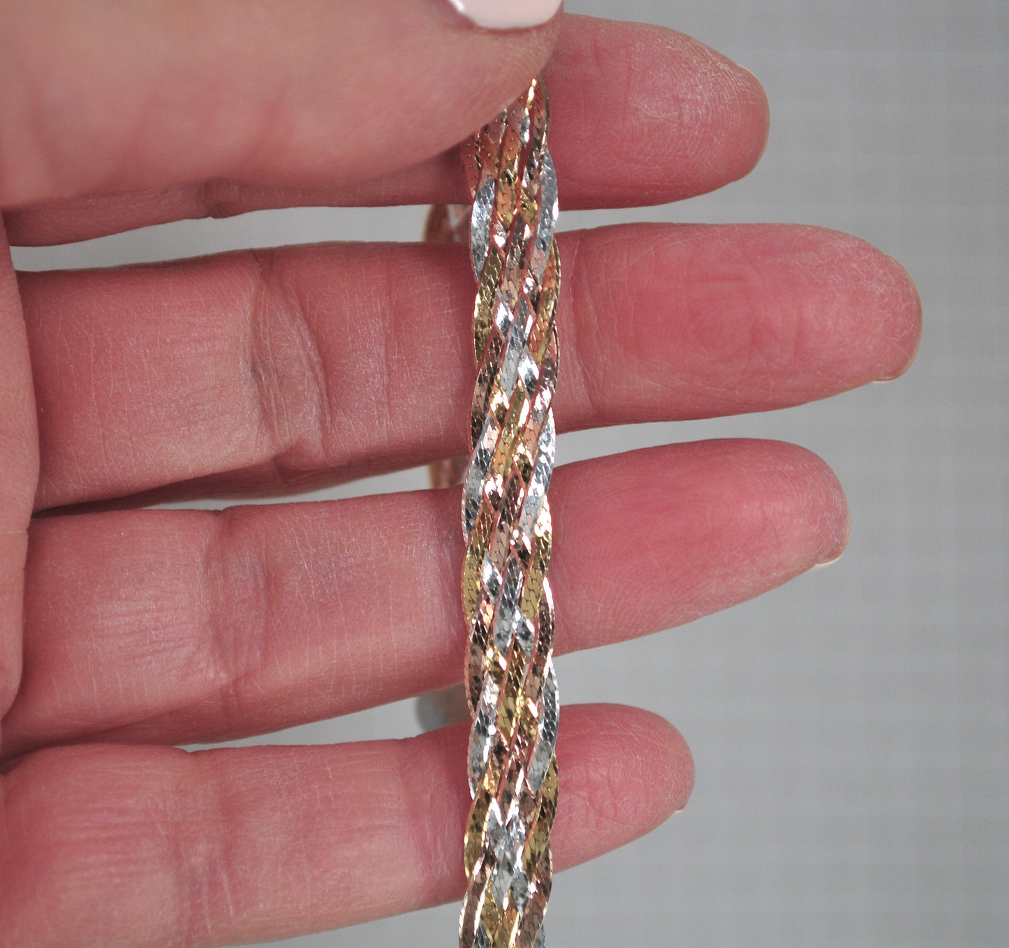 Signed 925 Italy Two Tone Braided Herringbone Bracelet