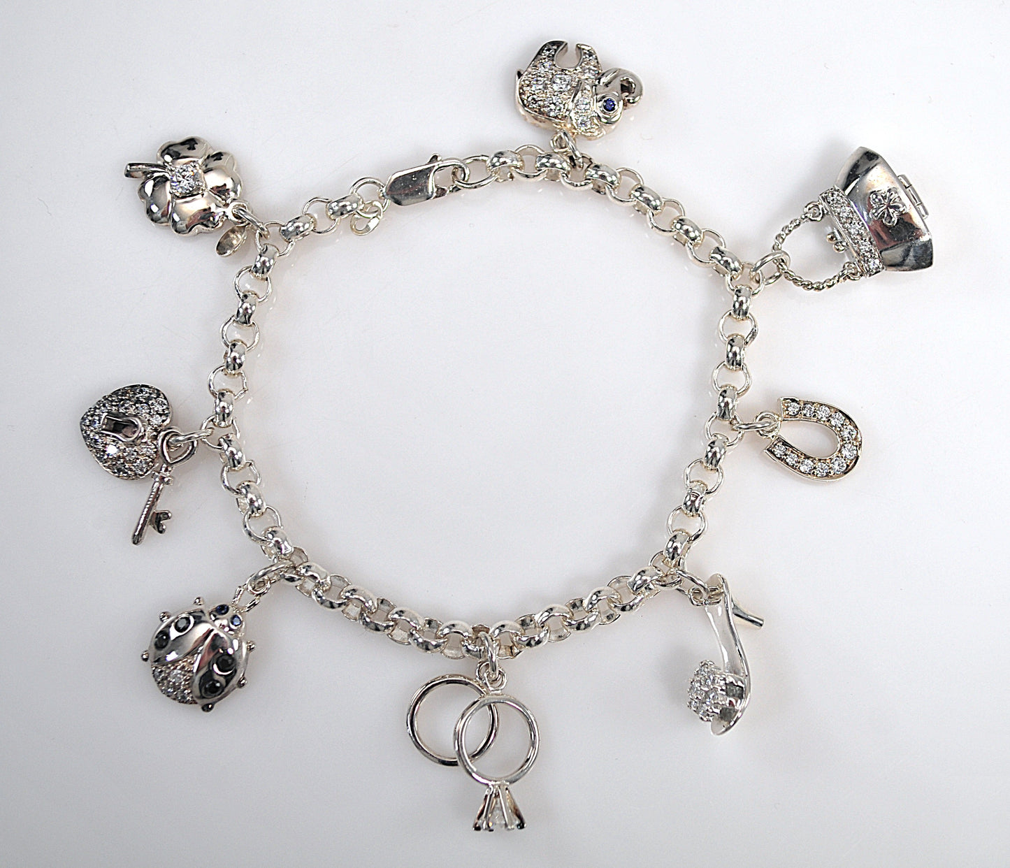 Sparkly Sterling Silver Ladybug Purse Locket Charm Bracelet