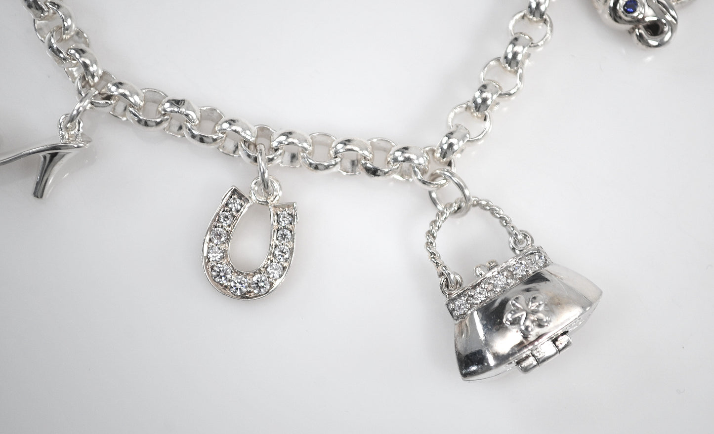 Sparkly Sterling Silver Ladybug Purse Locket Charm Bracelet