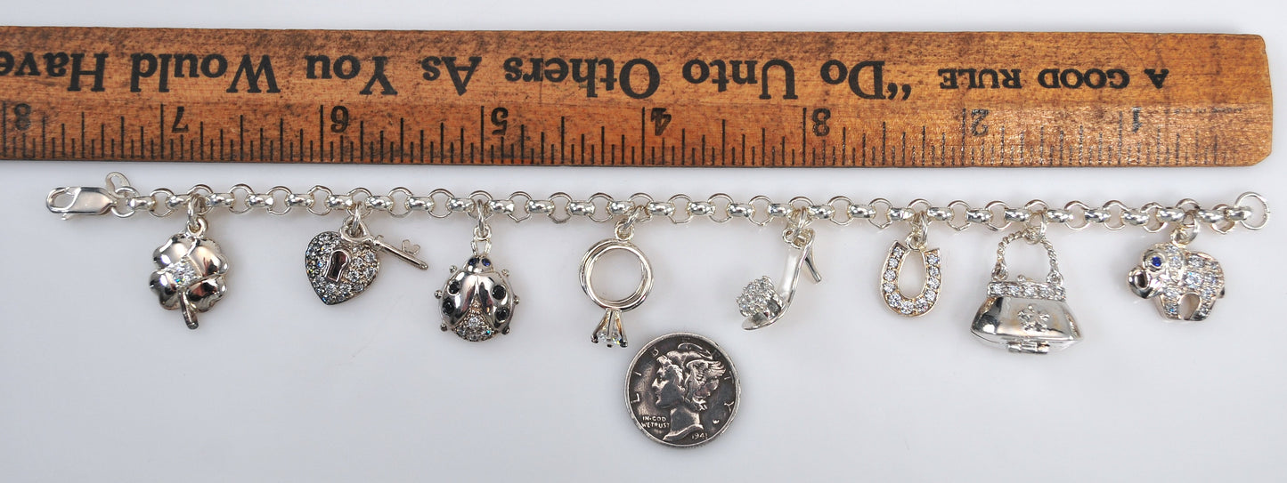 Sparkly Sterling Silver Ladybug Purse Locket Charm Bracelet