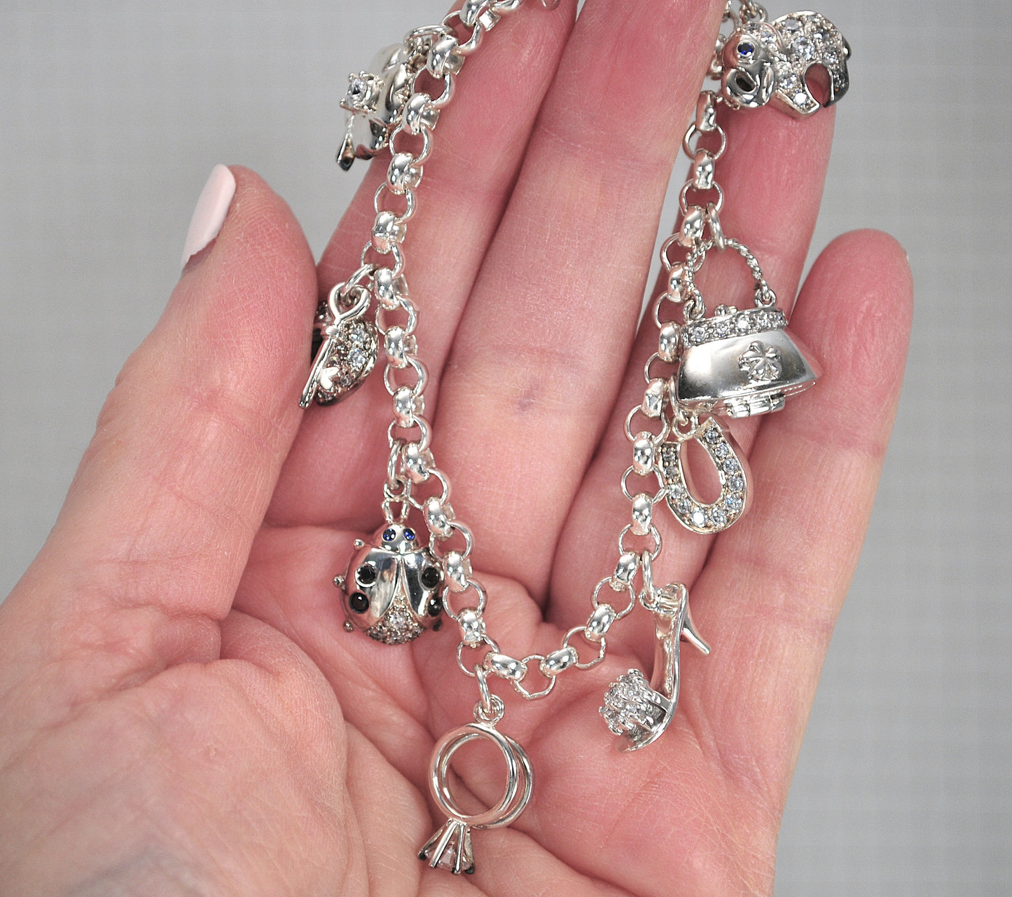 Sparkly Sterling Silver Ladybug Purse Locket Charm Bracelet