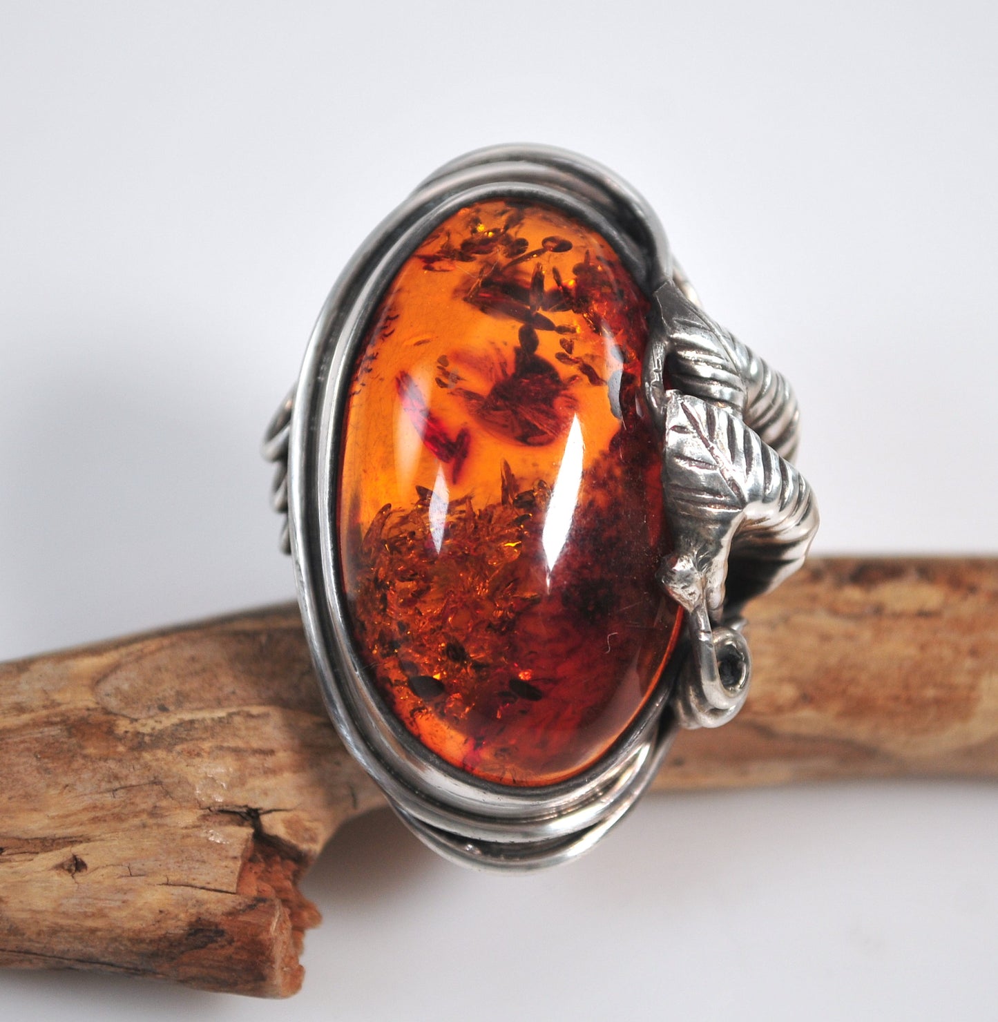 Large Vintage Sterling Silver Amber Ring
